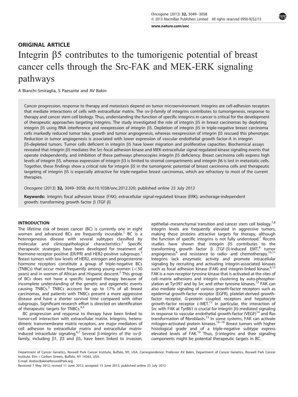 5 Contributes to the Tumorigenic Potential of Breast Cancer Cells Through the Src-FAK and MEK-ERK Signaling Pathways