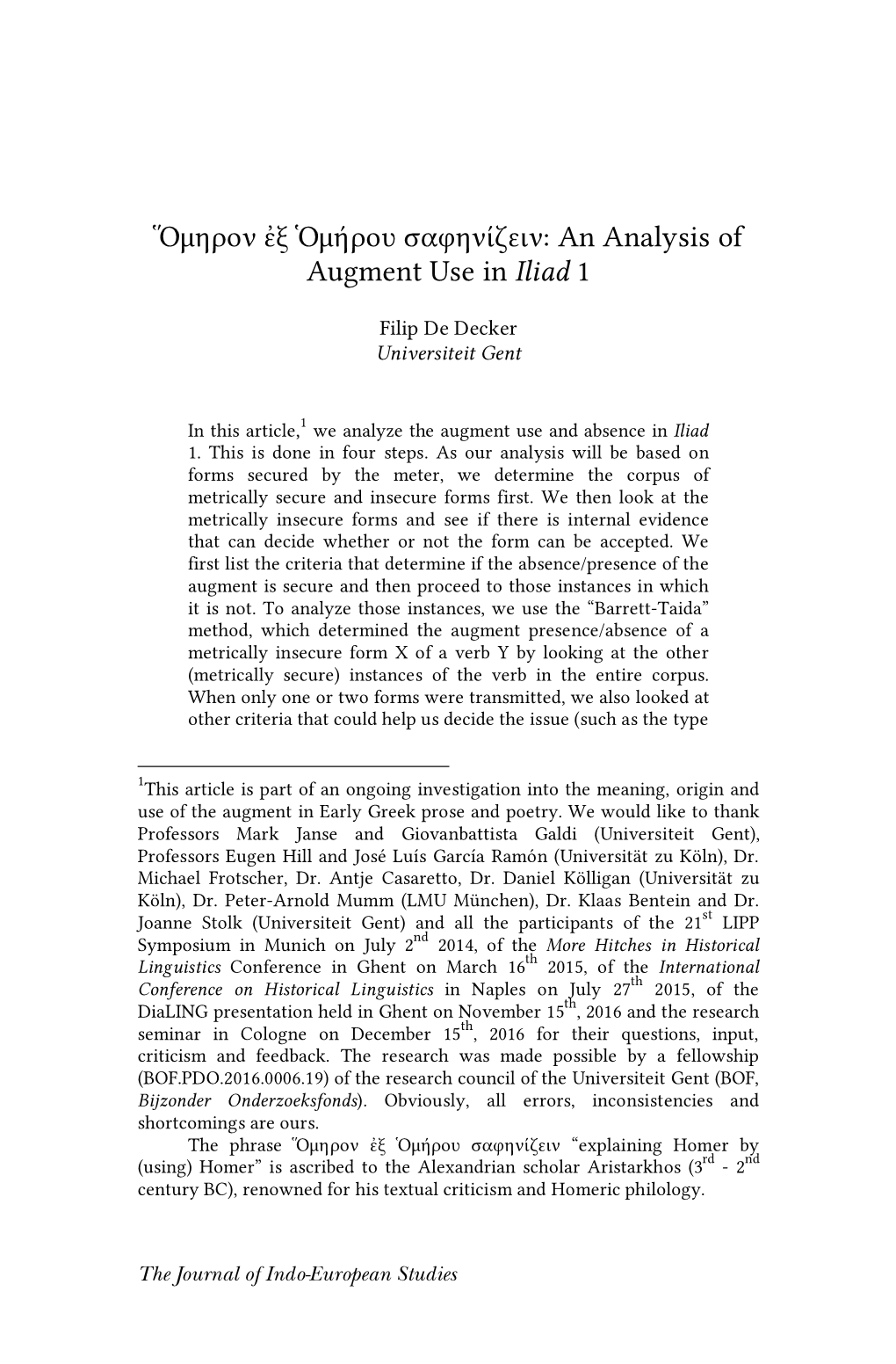 Μ Μ : an Analysis of Augment Use in Iliad 1