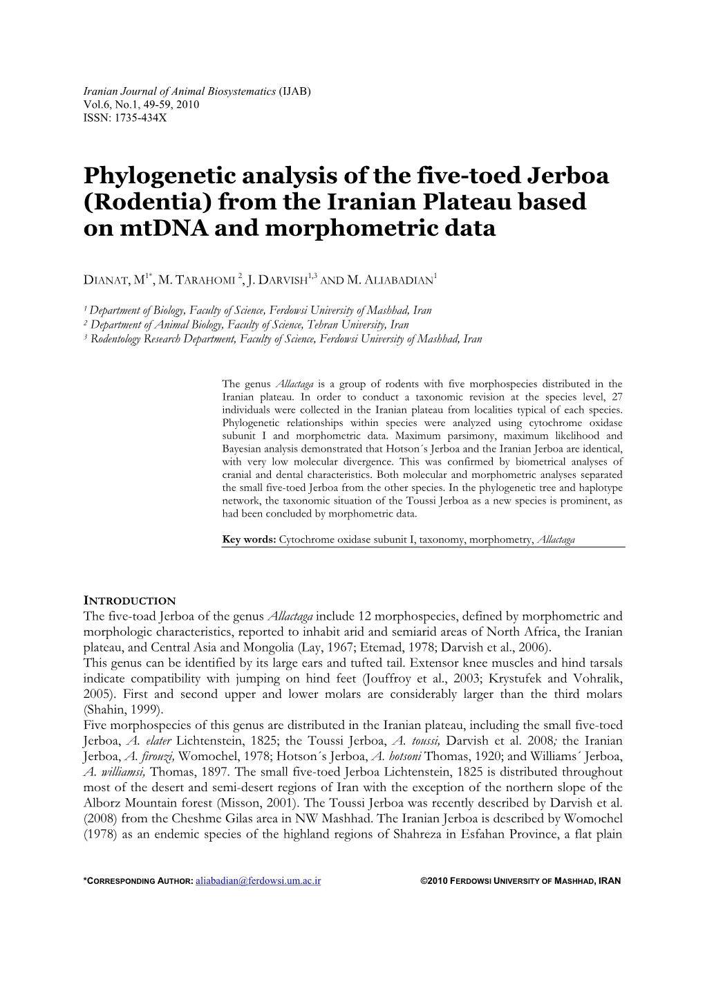 Phylogenetic Analysis of the Five-Toed Jerboa (Rodentia) from the Iranian Plateau Based on Mtdna and Morphometric Data