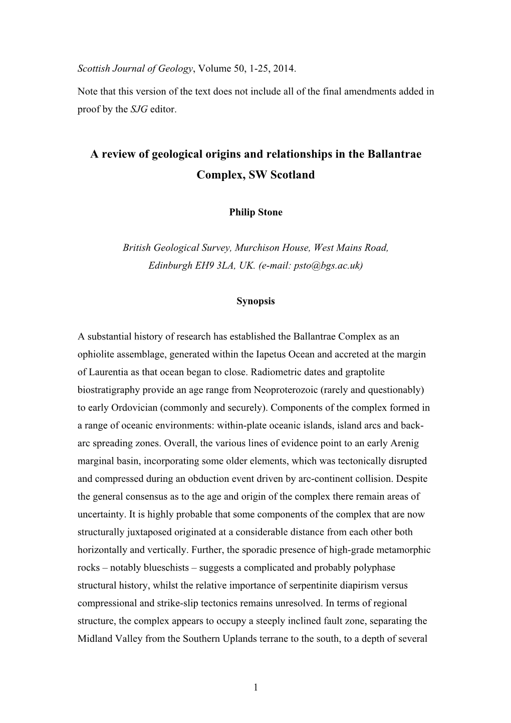 A Review of Geological Origins and Relationships in the Ballantrae Complex, SW Scotland