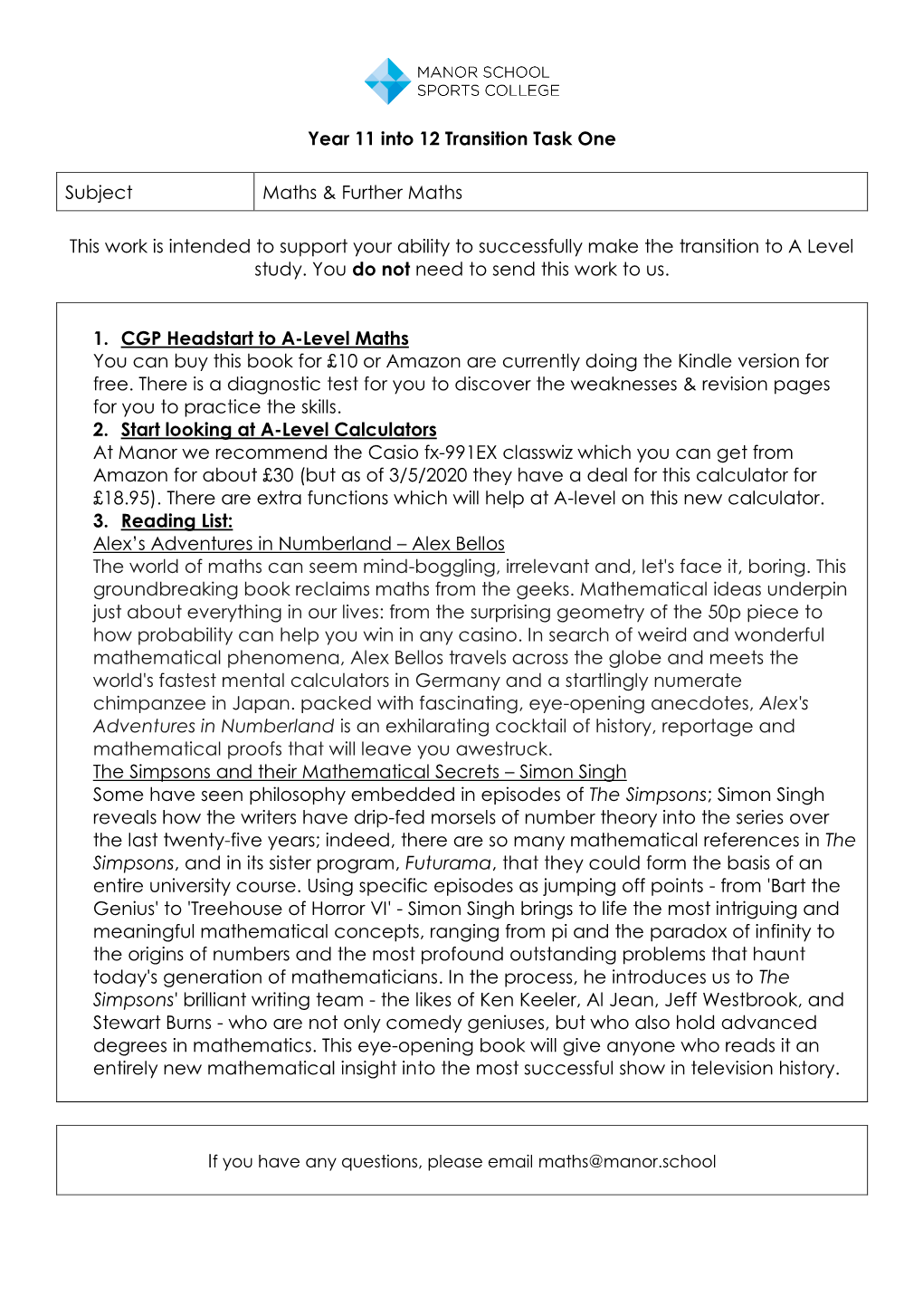 Year 11 Into 12 Transition Task One Subject Maths & Further Maths This