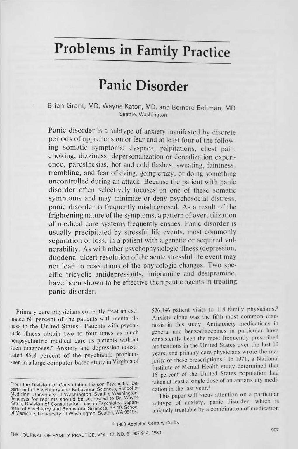 Problems in Family Practice Panic Disorder