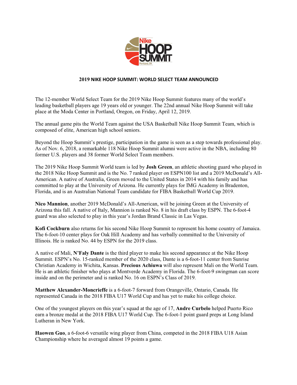 2019 Nike Hoop Summit: World Select Team Announced