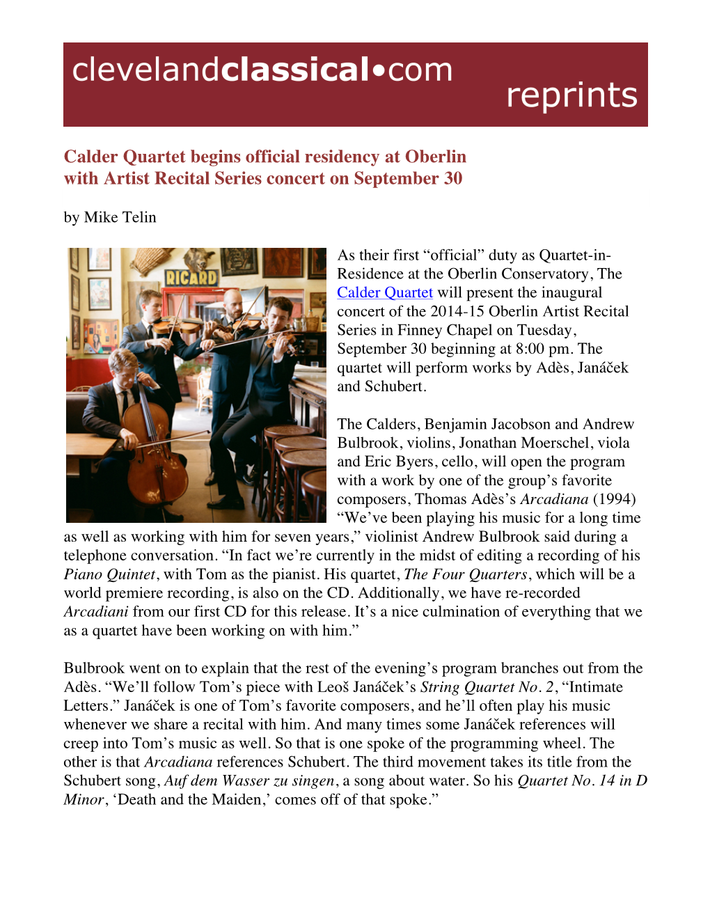 Calder Quartet Begins Official Residency at Oberlin with Artist Recital Series Concert on September 30 by Mike Telin