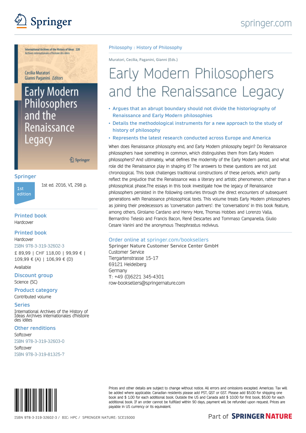 Early Modern Philosophers and the Renaissance Legacy