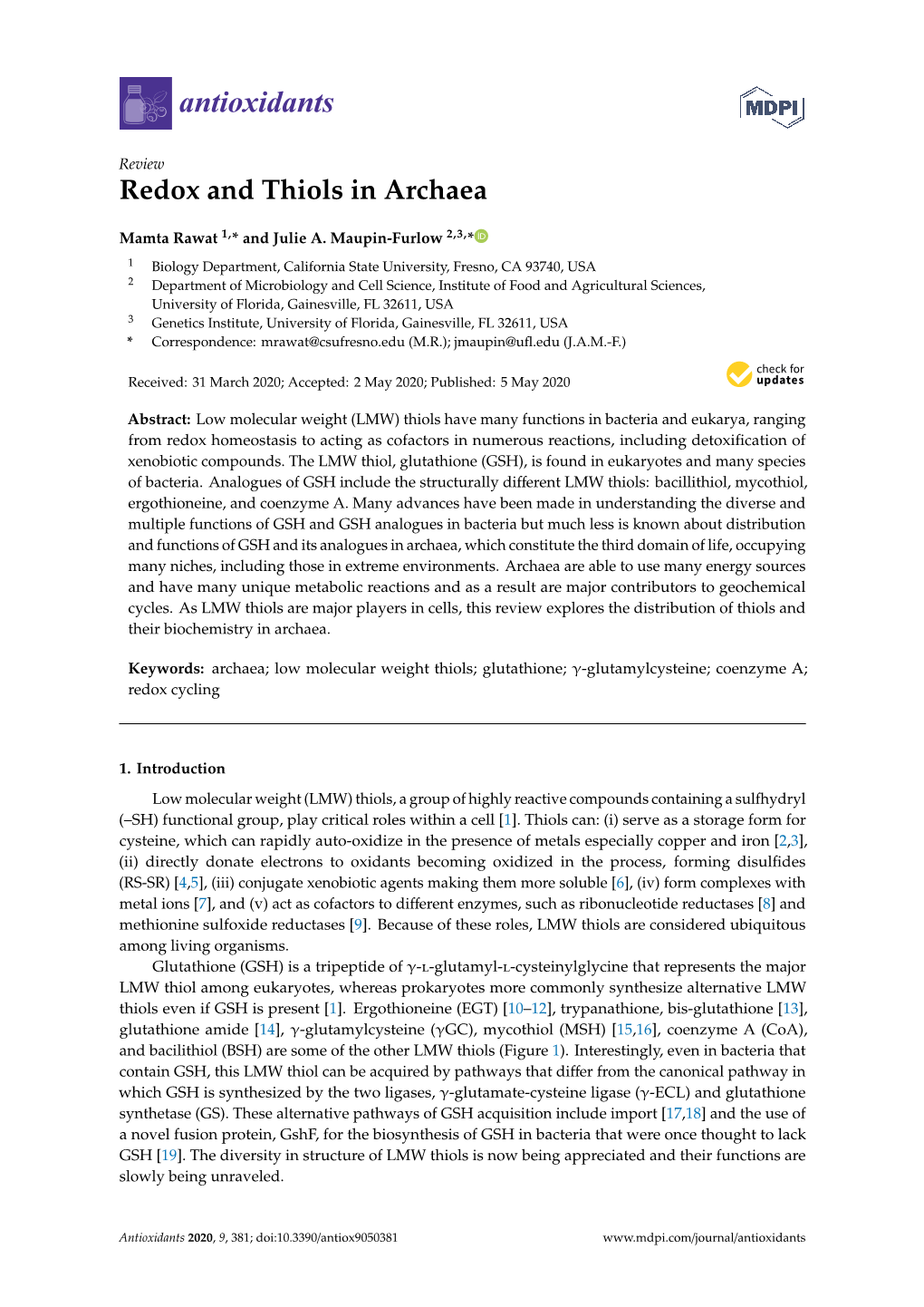 Redox and Thiols in Archaea