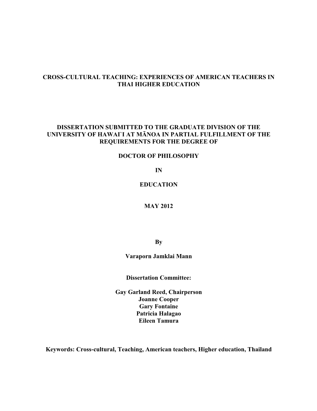 Cross-Cultural Teaching: Experiences of American Teachers in Thai Higher Education