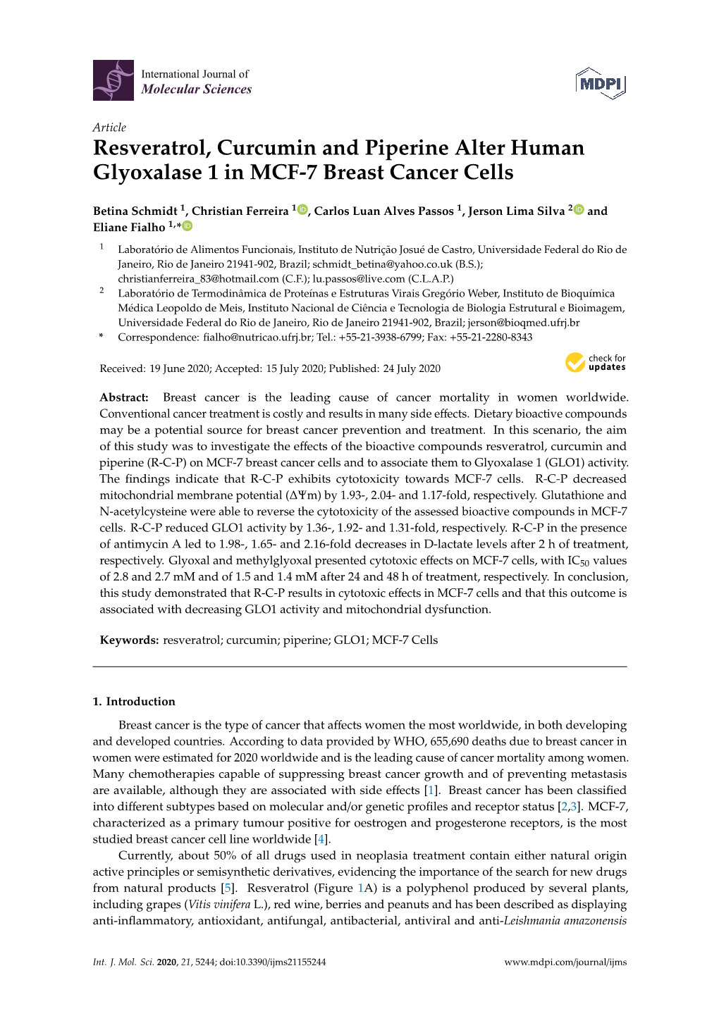 Resveratrol, Curcumin and Piperine Alter Human Glyoxalase 1 in MCF-7 Breast Cancer Cells