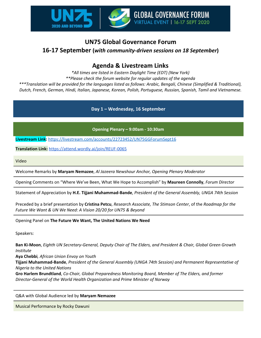 UN75 Global Governance Forum Agenda & Livestream Links