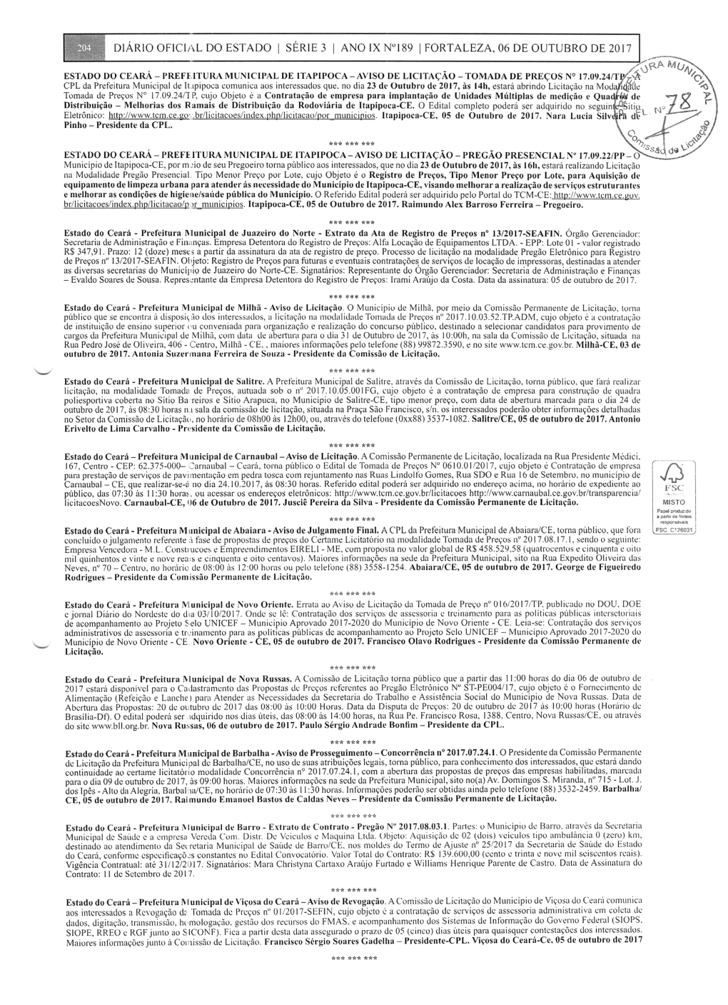 Diário Oficial Do Estado 1 Série 3 1 Ano Ix N°189 1 Fortaleza, 06 De Outubro De 2017 1 *** *** *** *** *** *** *** *** *** **