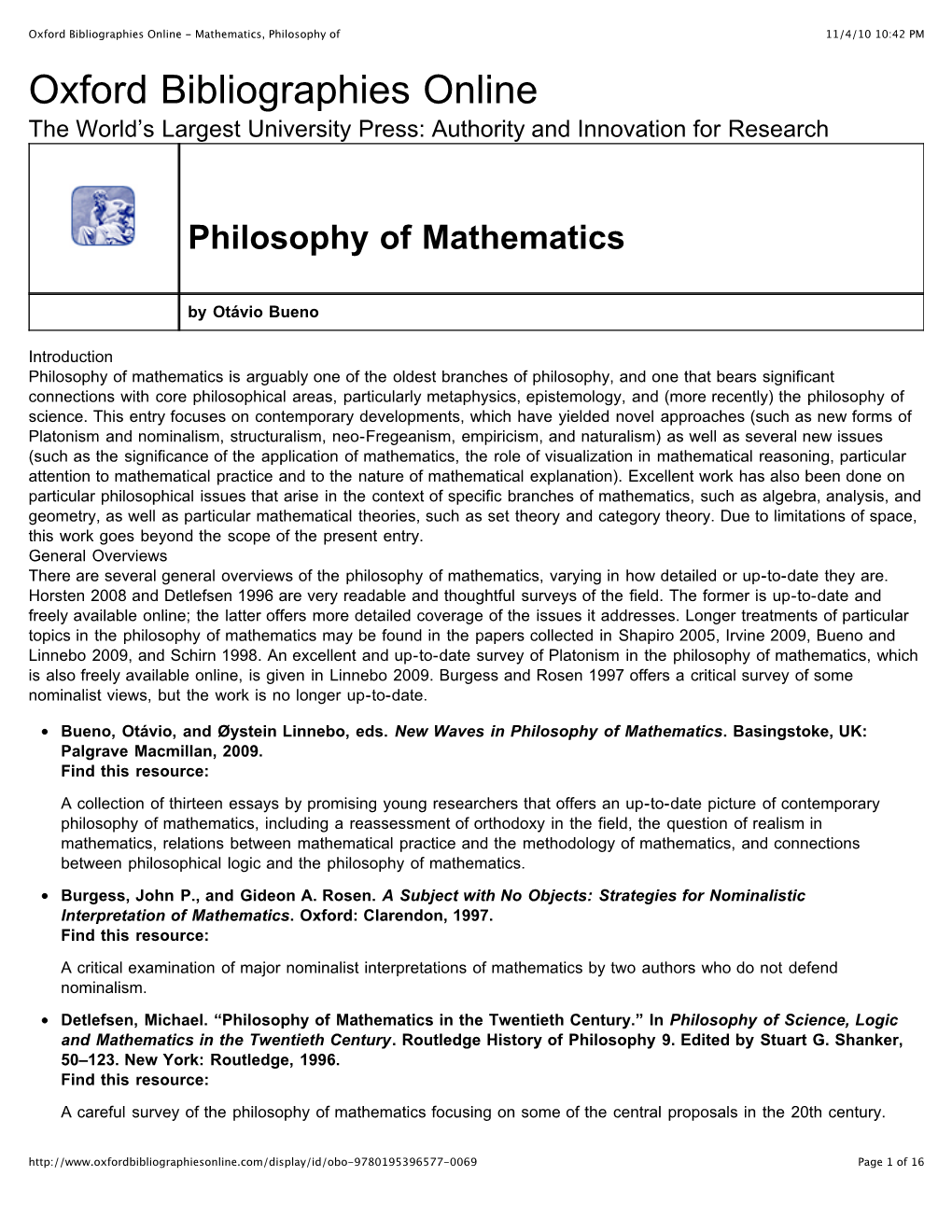 Mathematics, Philosophy of 11/4/10 10:42 PM Oxford Bibliographies Online the World’S Largest University Press: Authority and Innovation for Research