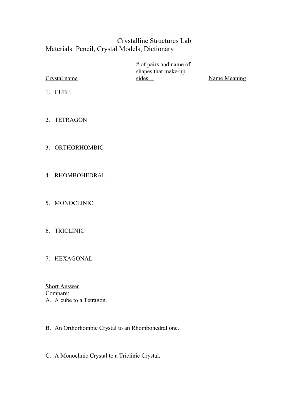 Crystalline Structures Lab