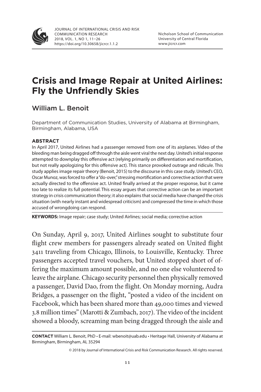 Crisis and Image Repair at United Airlines: Fly the Unfriendly Skies