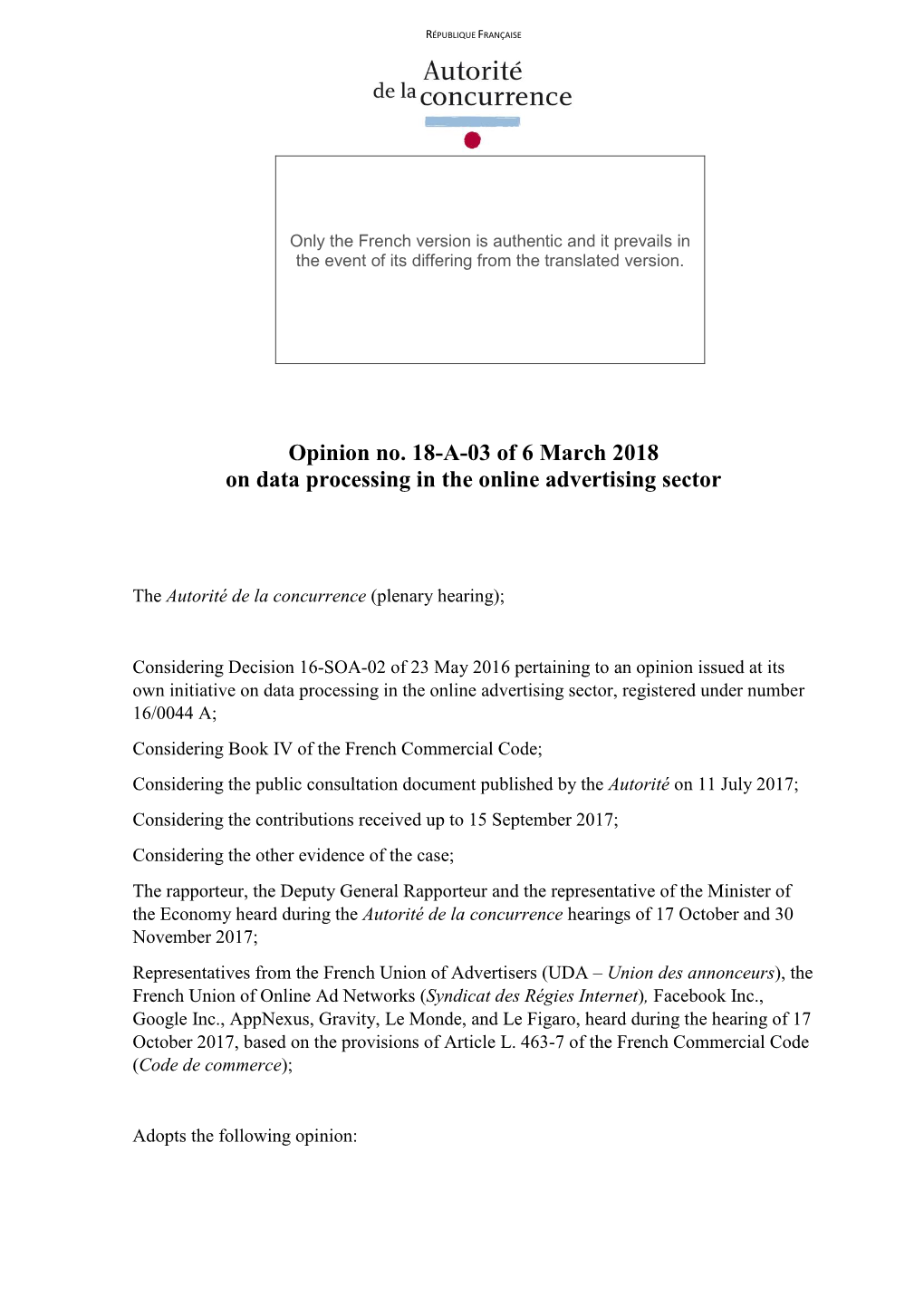 Opinion No. 18-A-03 of 6 March 2018 on Data Processing in the Online Advertising Sector