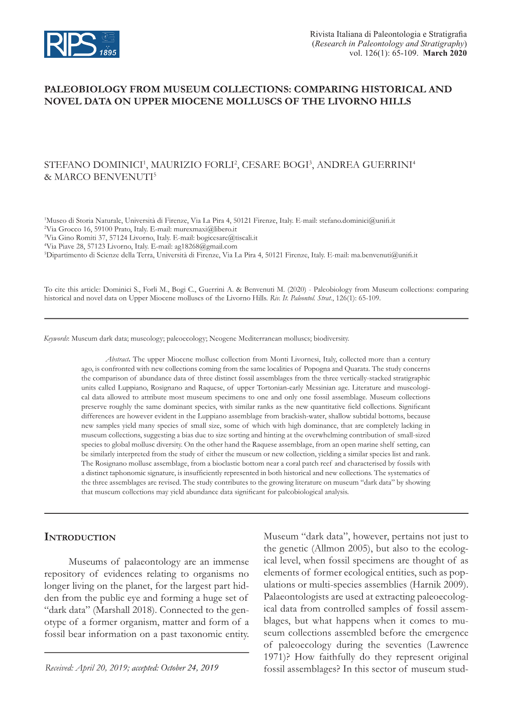 Paleobiology from Museum Collections Comparing Historical And