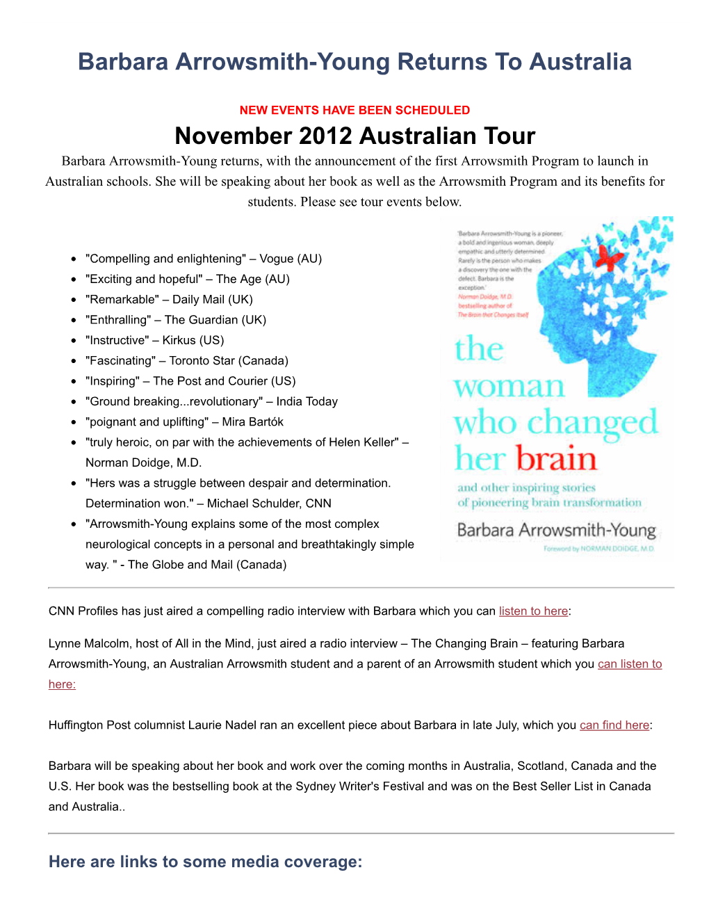 Barbara Arrowsmith-Young Returns to Australia