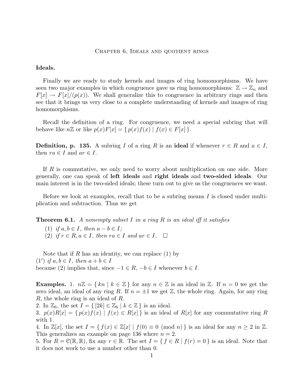 Chapter 6, Ideals and Quotient Rings