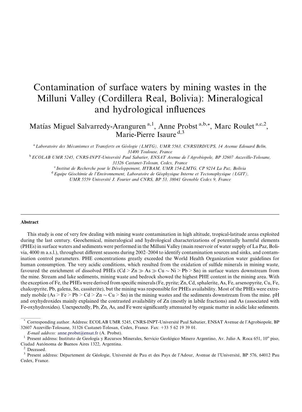 Contamination of Surface Waters by Mining Wastes in the Milluni Valley (Cordillera Real, Bolivia): Mineralogical and Hydrological Inﬂuences