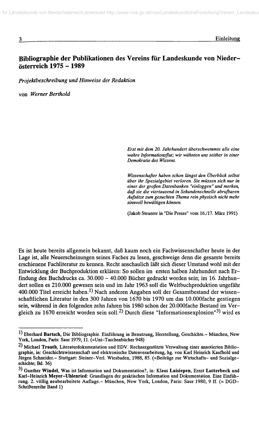 Bibliographie Der Publikationen Des Vereins Für Landeskunde Von Nieder­ Österreich 1975 - 1989