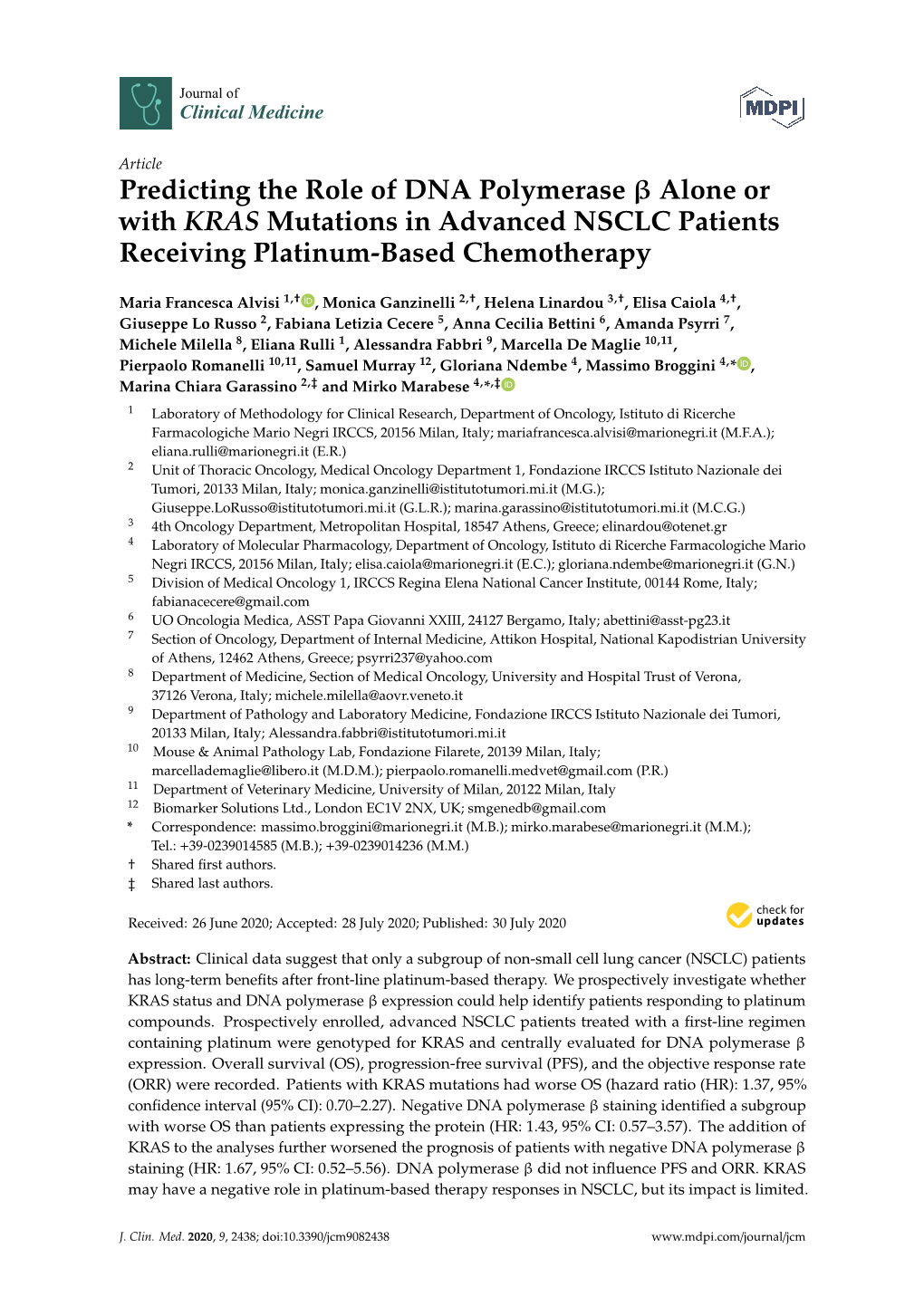 Predicting the Role of DNA Polymerase Β Alone Or with KRAS Mutations in Advanced NSCLC Patients Receiving Platinum-Based Chemotherapy