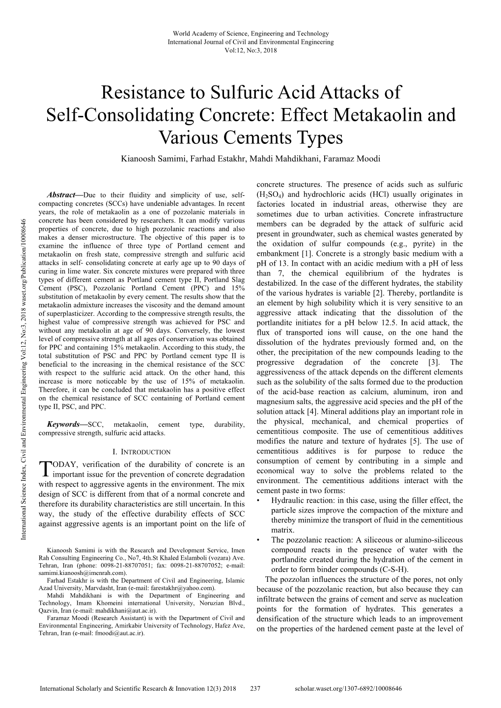 Resistance to Sulfuric Acid Attacks of Self-Consolidating Concrete