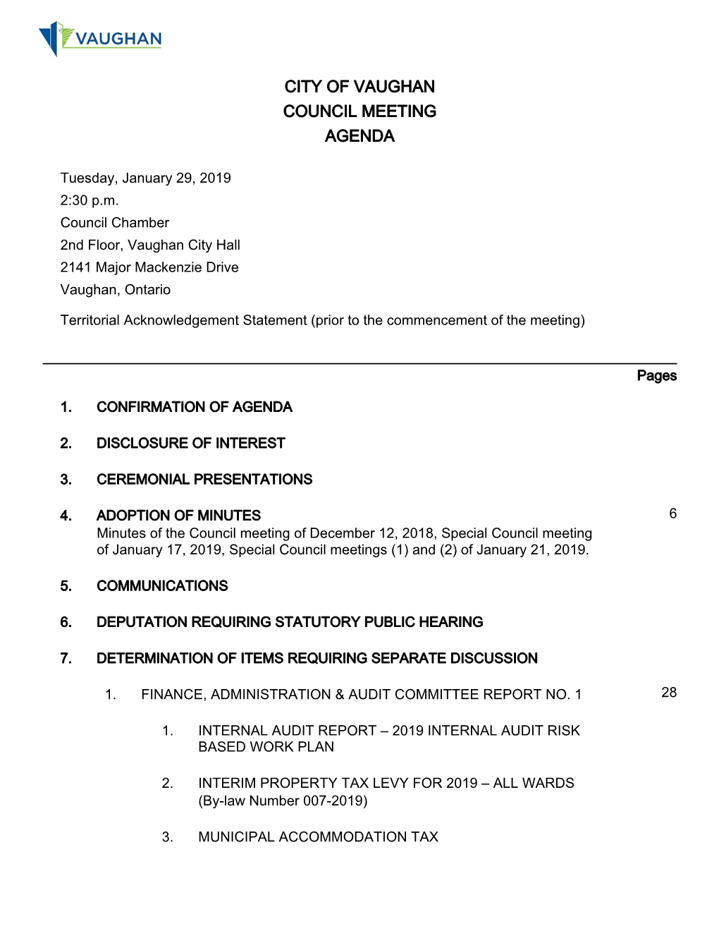 City of Vaughan Council Meeting Agenda