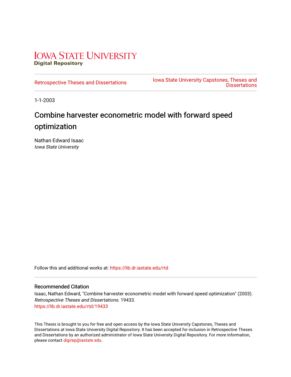 Combine Harvester Econometric Model with Forward Speed Optimization