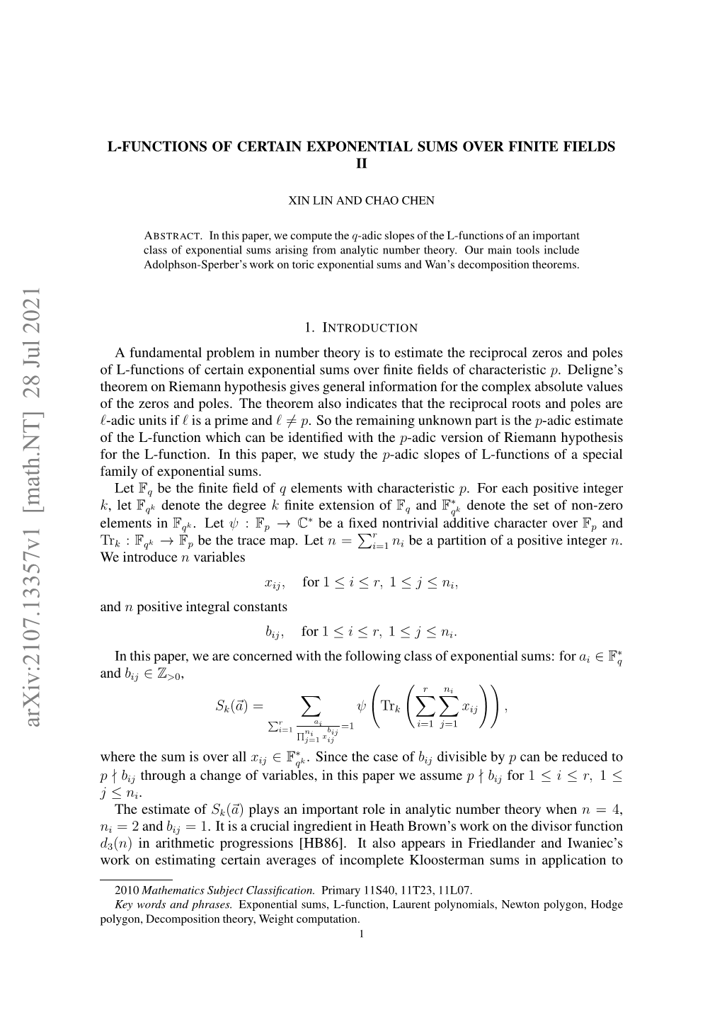 L-Functions of Certain Exponential Sums Over Finite Fields Ii 3