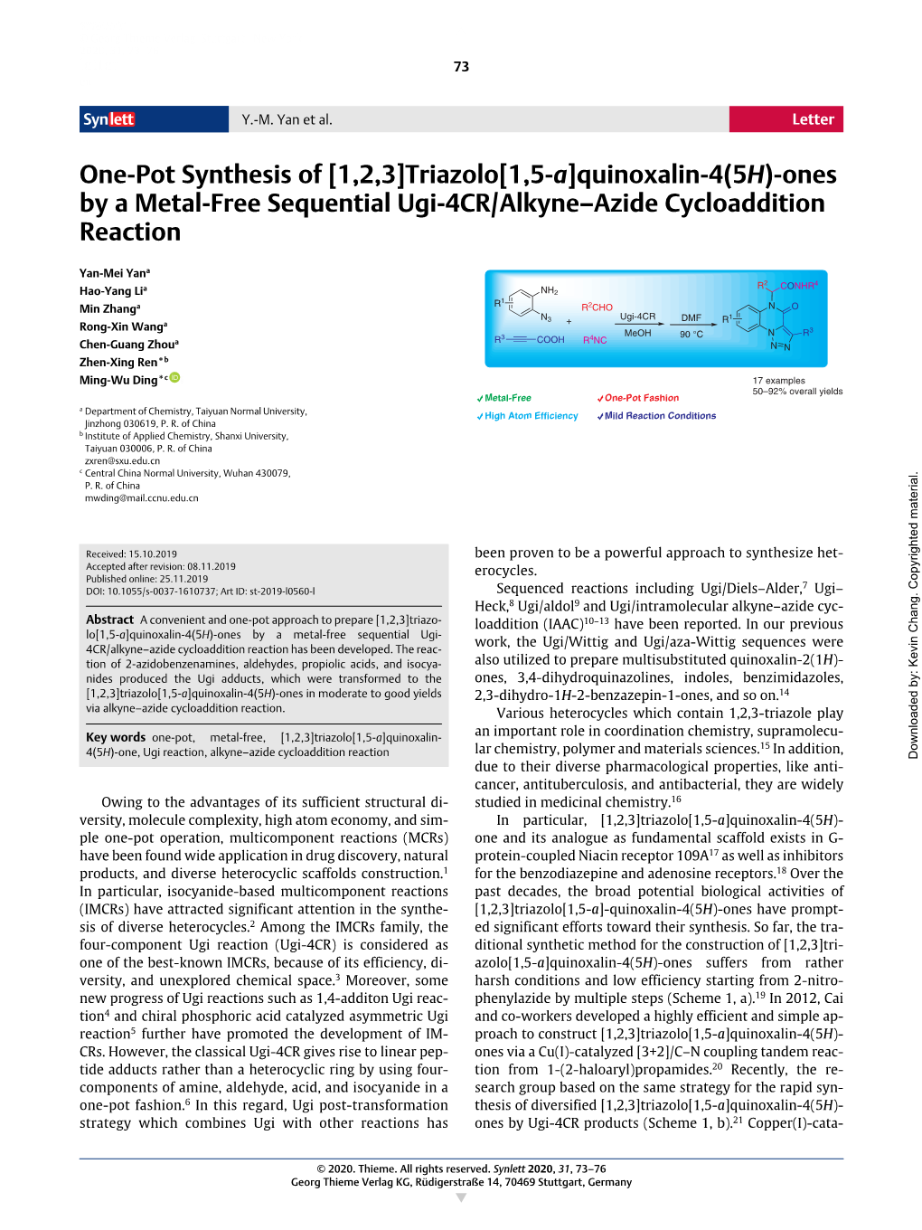 Quinoxalin-4(5H)-Ones by a Metal-Free Sequential Ugi-4CR/Alkyne–Azide Cycloaddition Reaction