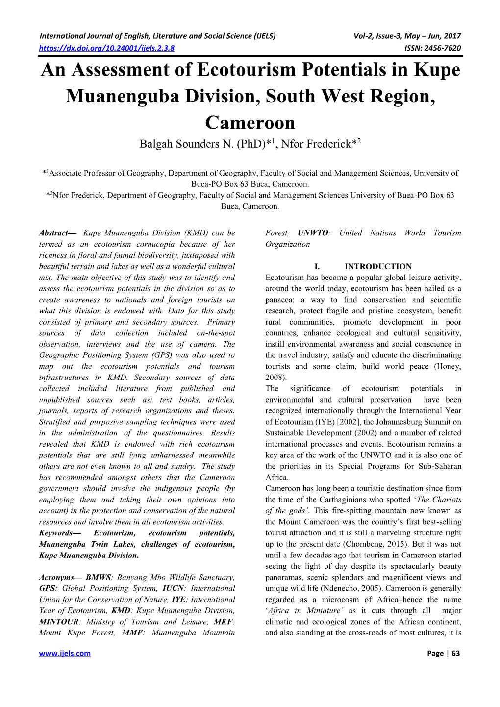 An Assessment of Ecotourism Potentials in Kupe Muanenguba Division, South West Region, Cameroon Balgah Sounders N