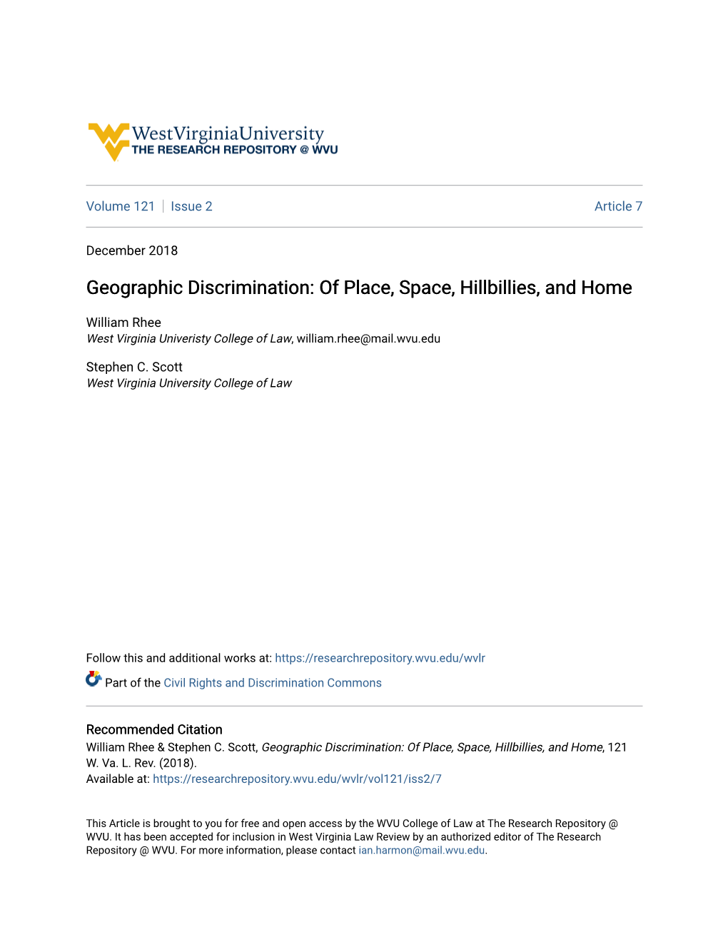 Geographic Discrimination: of Place, Space, Hillbillies, and Home