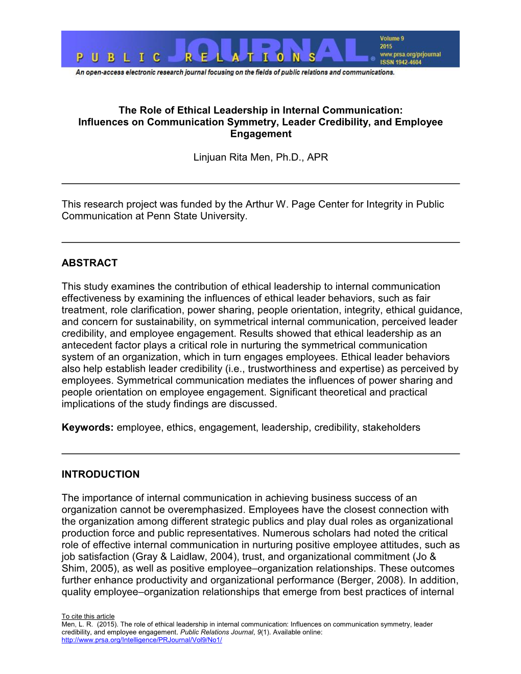 The Role of Ethical Leadership in Internal Communication: Influences on Communication Symmetry, Leader Credibility, and Employee Engagement