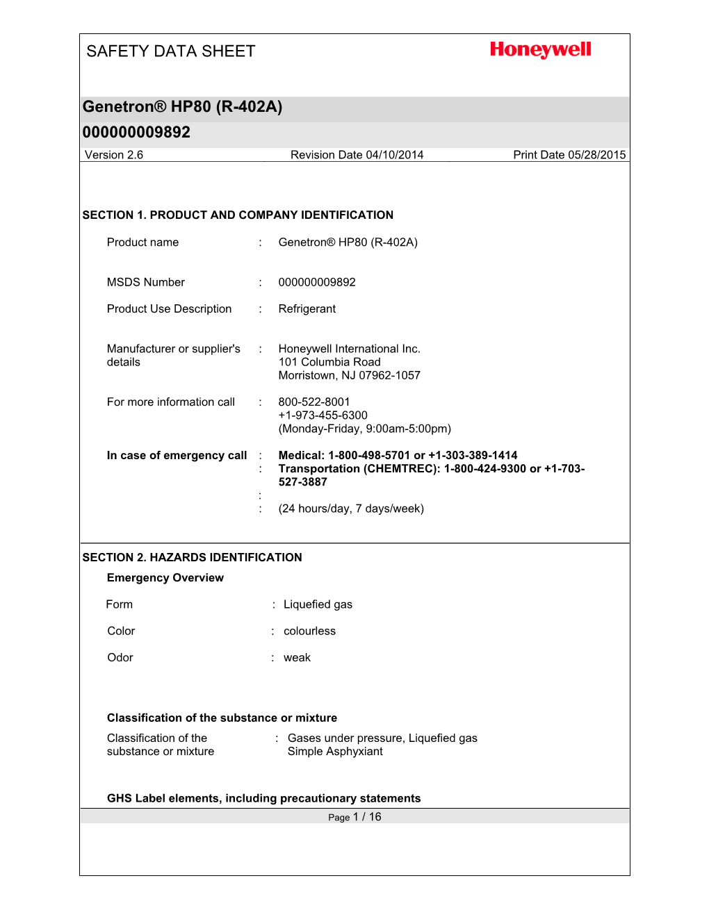 SAFETY DATA SHEET Genetron® HP80 (R-402A