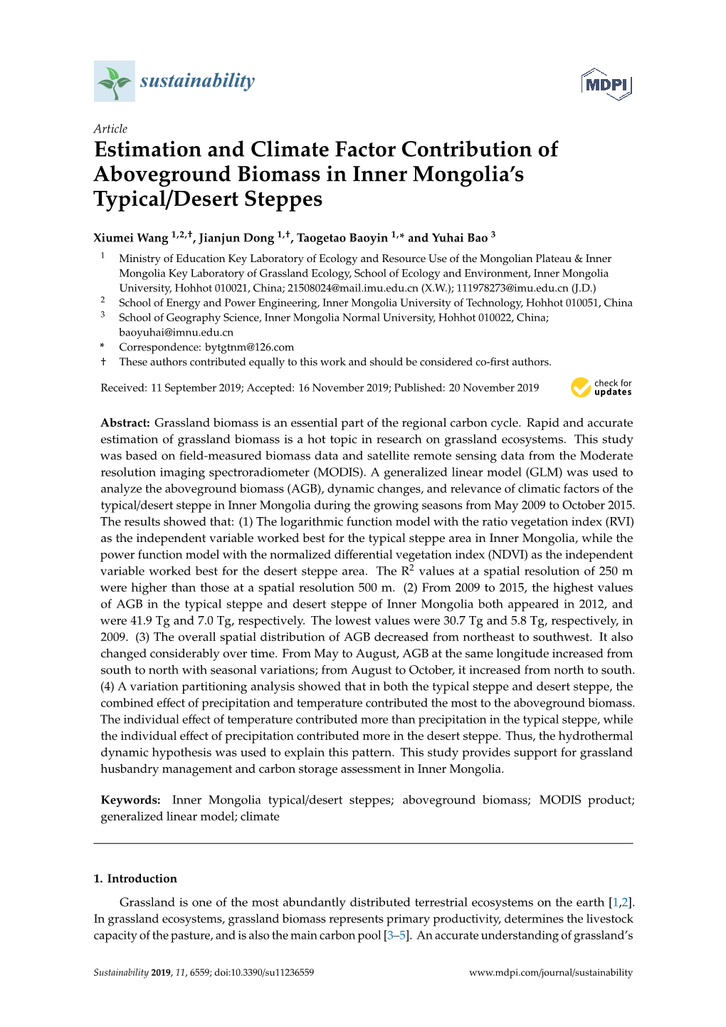 Estimation and Climate Factor Contribution of Aboveground Biomass in Inner Mongolia’S Typical/Desert Steppes