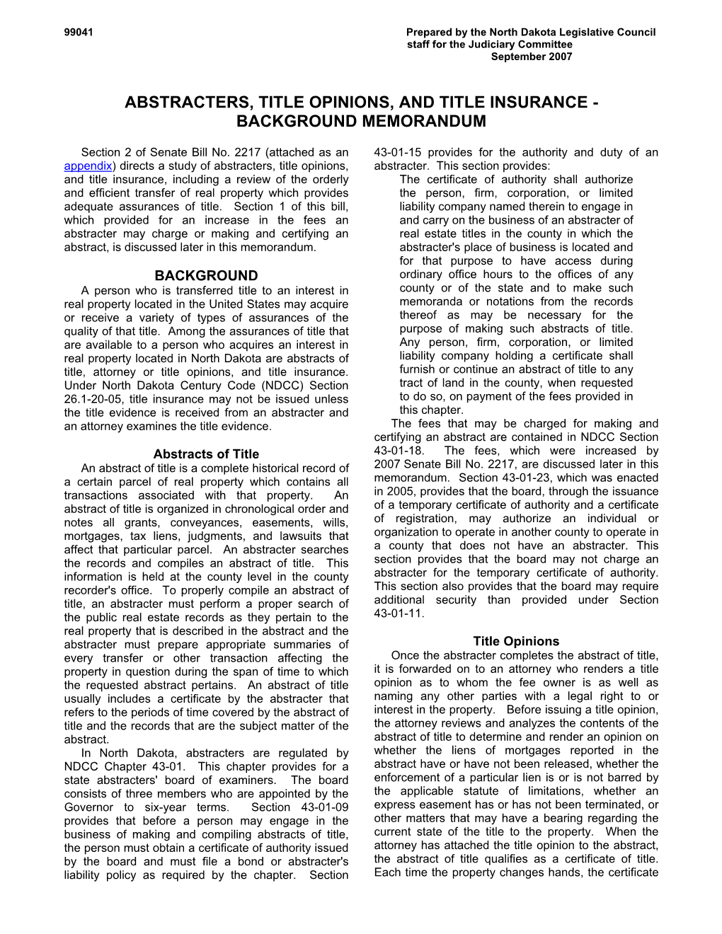 Abstracters, Title Opinions, and Title Insurance - Background Memorandum