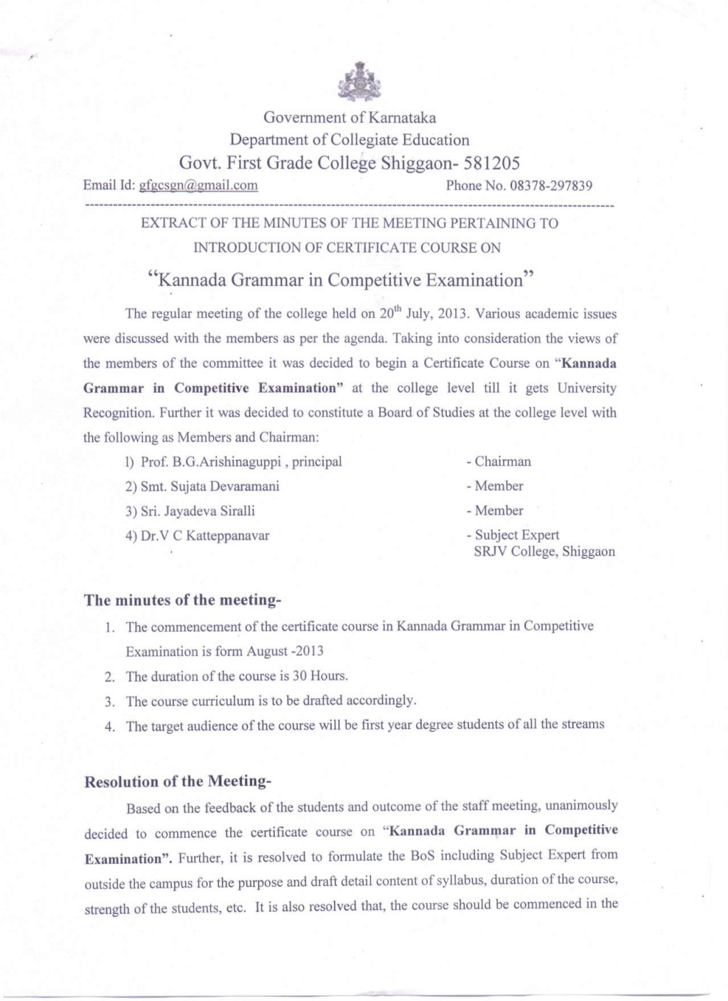 Govt. First Grade College Shiggaon- 581205 "Kannada Grammar In