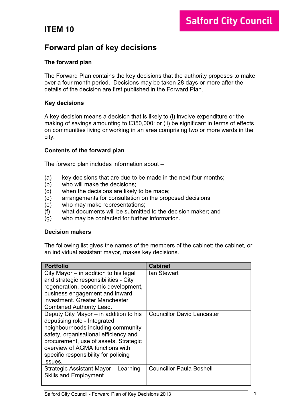 Local Government Act 2000 - Forward Plan