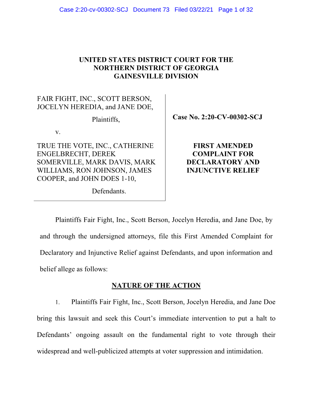 United States District Court for the Northern District of Georgia Gainesville Division Fair Fight, Inc., Scott Berson, Jocelyn H