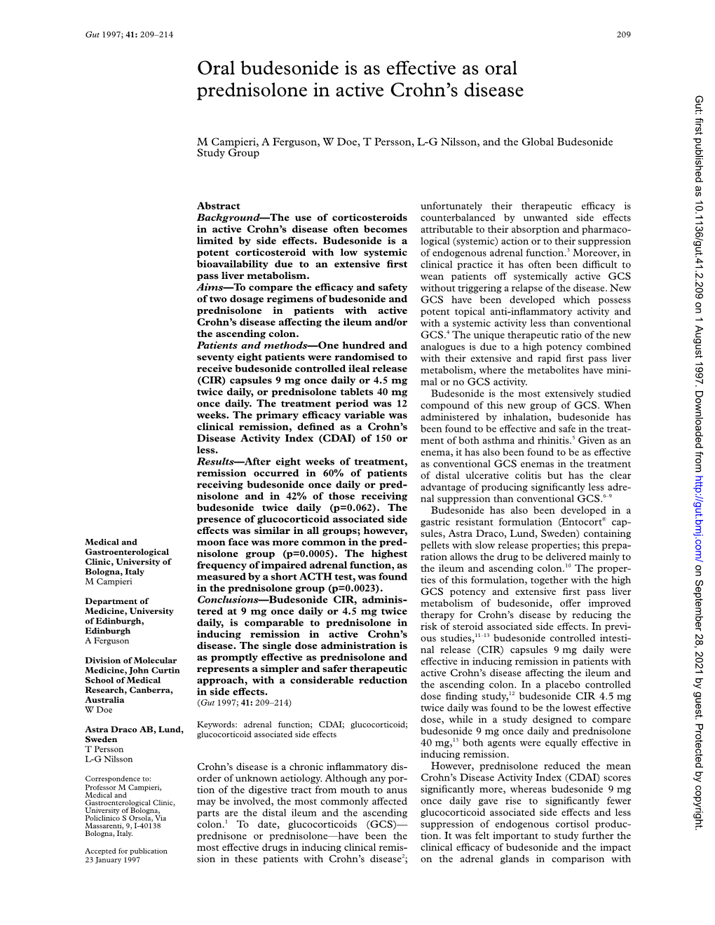 Oral Budesonide Is As Evective As Oral Prednisolone in Active Crohn's