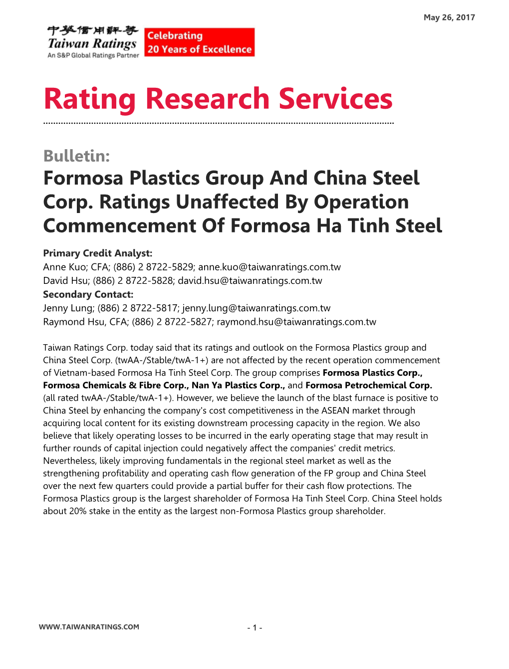 Bulletin: Formosa Plastics Group and China Steel Corp. Ratings Unaffected by Operation Commencement of Formosa Ha Tinh Steel