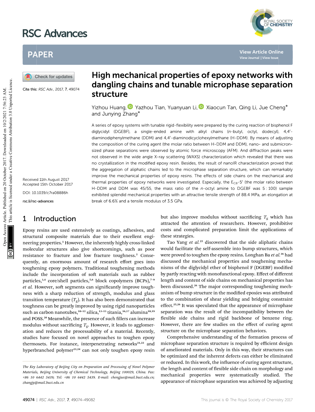 High Mechanical Properties of Epoxy Networks with Dangling Chains and Tunable Microphase Separation Cite This: RSC Adv.,2017,7,49074 Structure