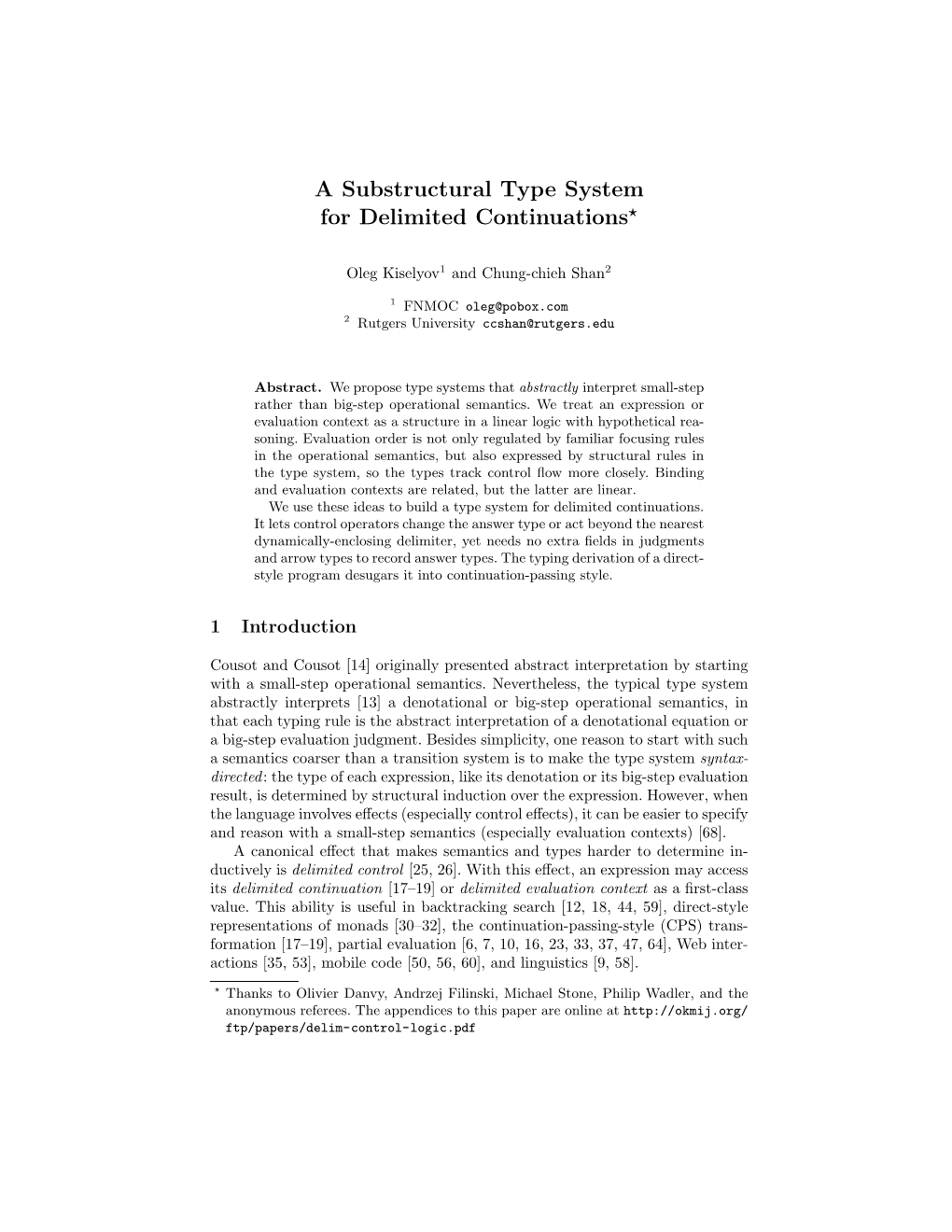 A Substructural Type System for Delimited Continuations*