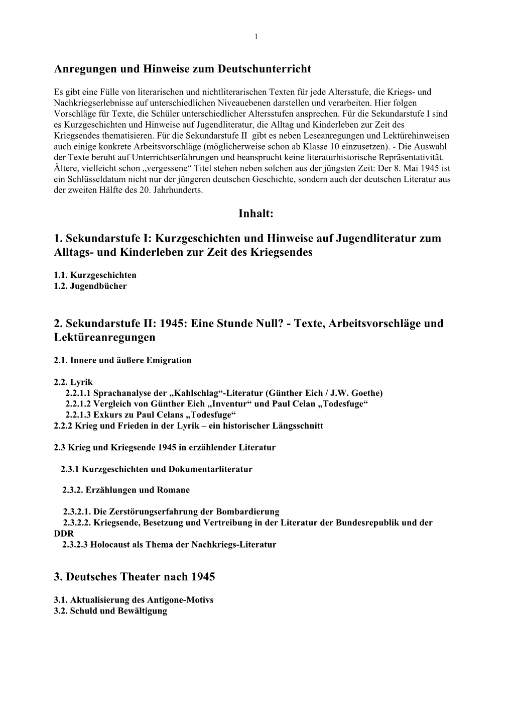 1. Sekundarstufe I: Kurzgeschichten Und Hinweise Auf Jugendliteratur Zum Alltags- Und Kinderleben Zur Zeit Des Kriegsendes