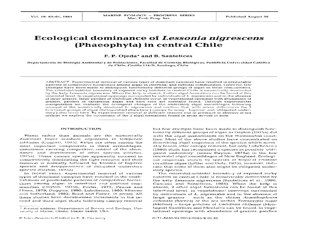 Ecological Dominance of Lessonia Nigrescens (Phaeophyta) in Central Chile