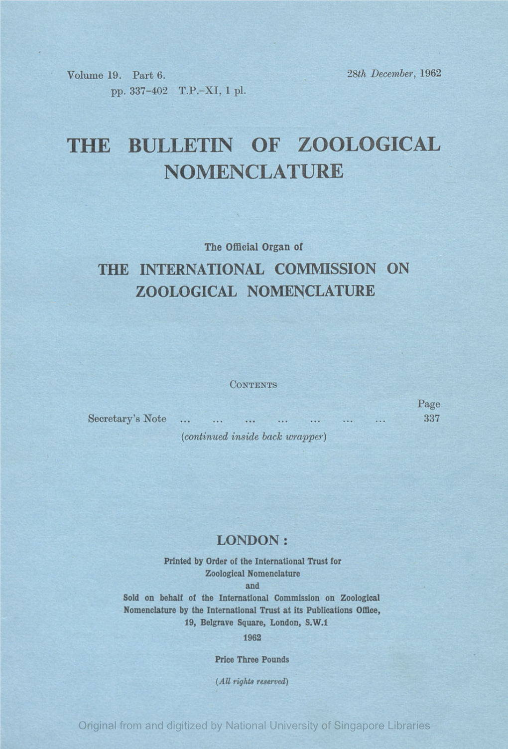 The Bulletin of Zoological Nomenclature, Vol.19, Part 6