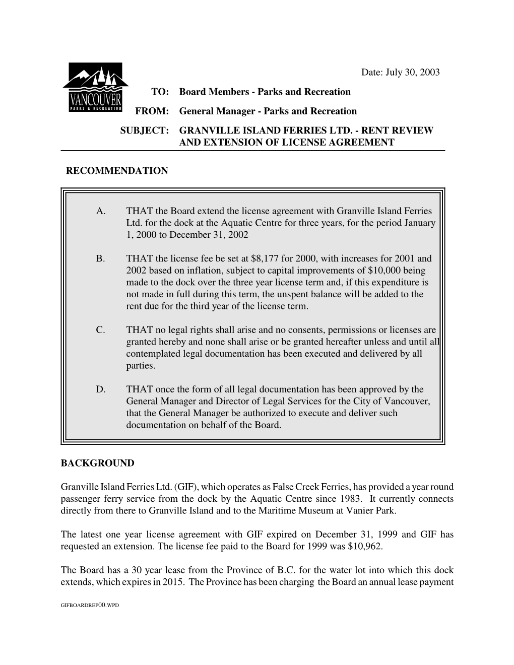 Granville Island Ferries Ltd. - Rent Review and Extension of License Agreement