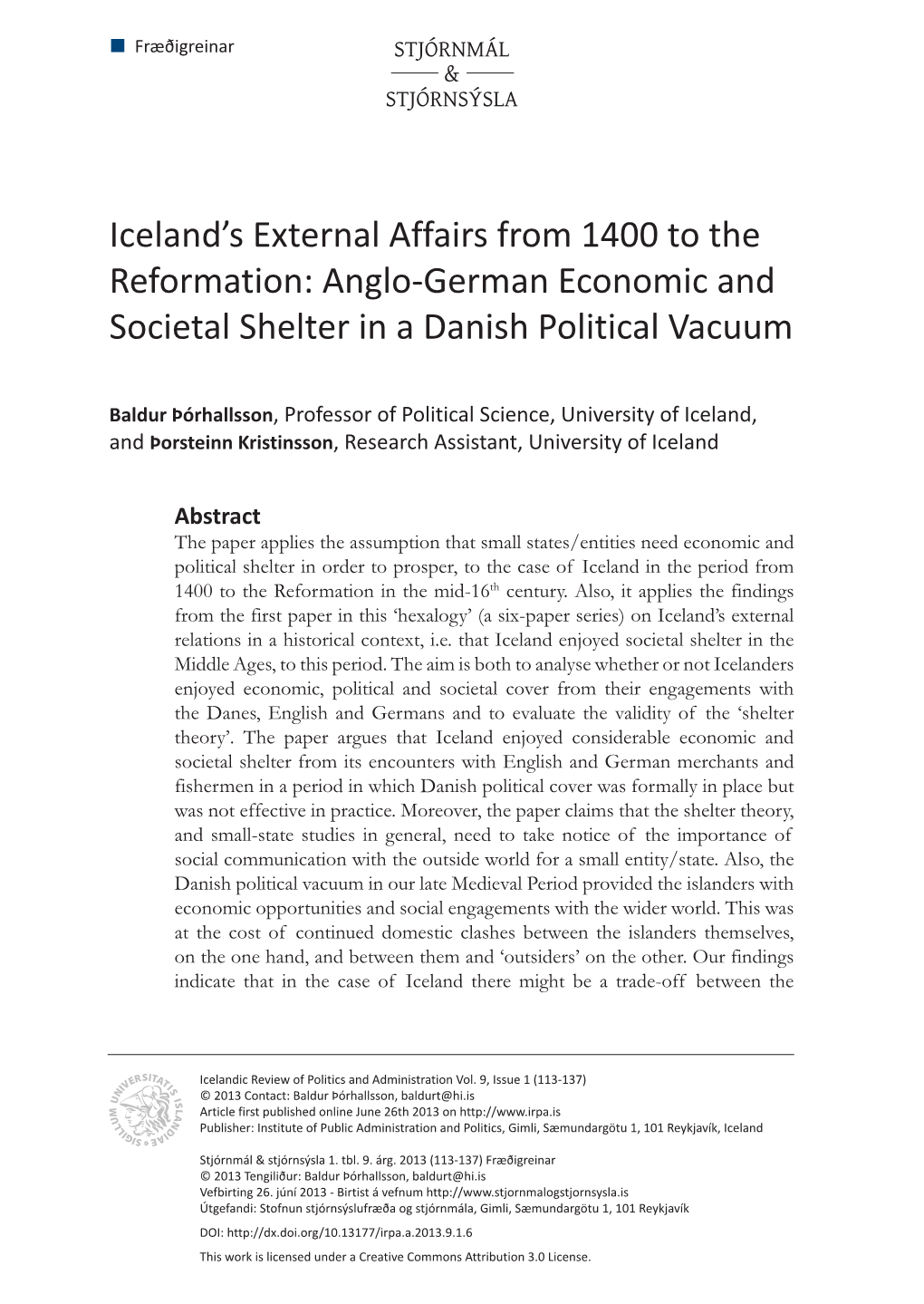 Iceland's External Affairs from 1400 to the Reformation