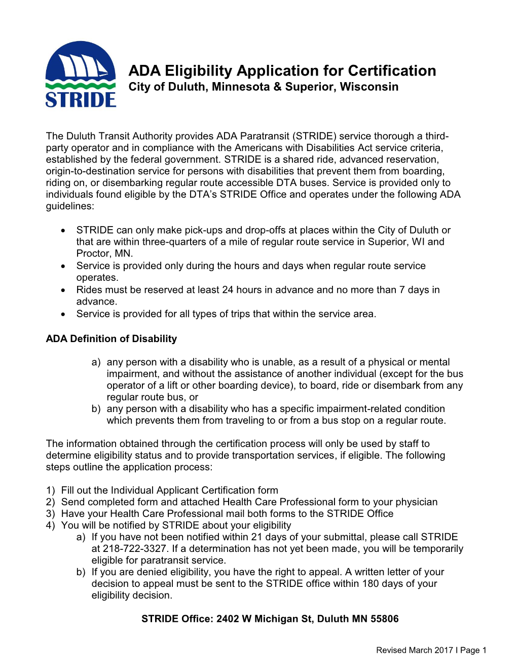 ADA Eligibility Application for Certification City of Duluth, Minnesota & Superior, Wisconsin