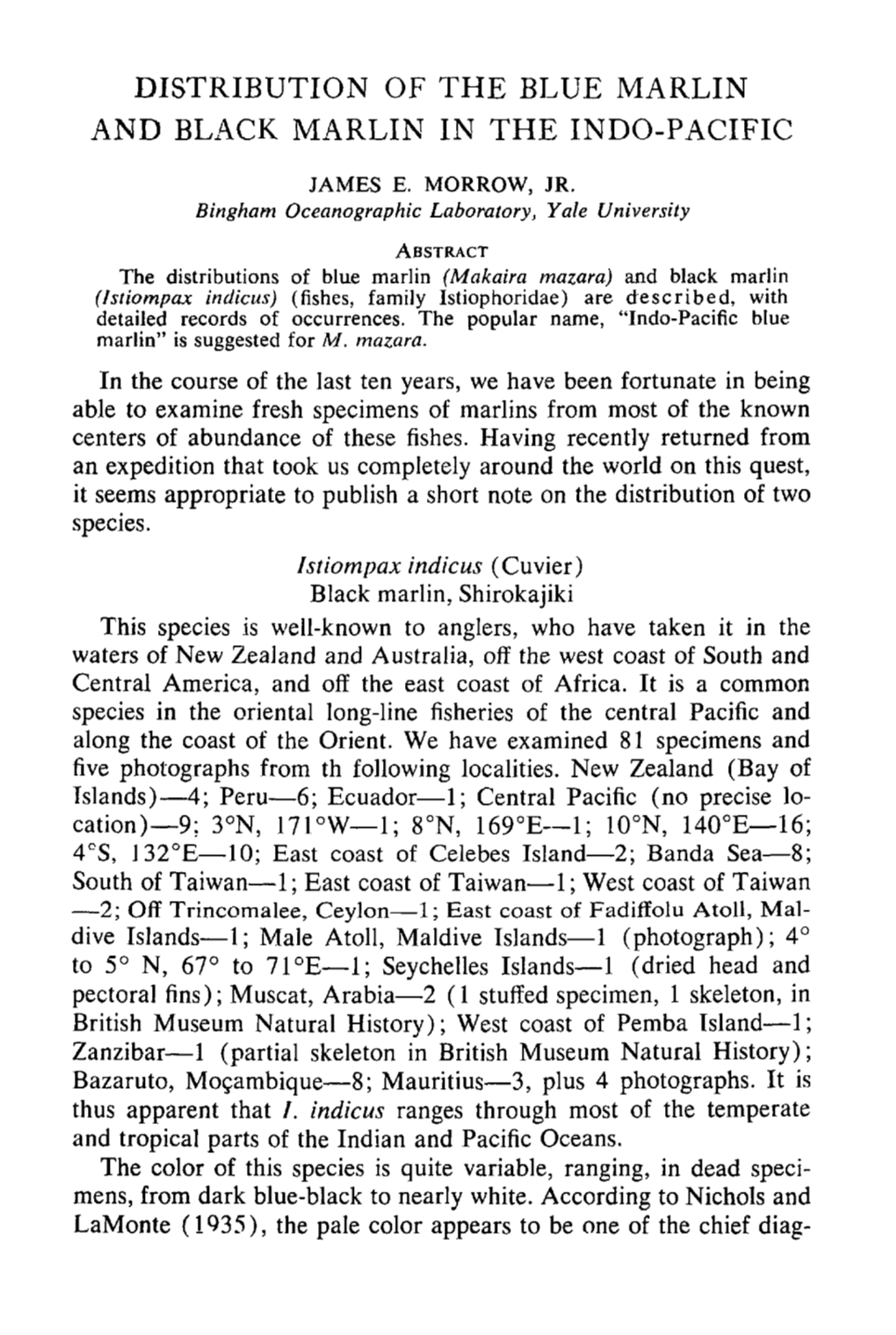 Distribution of the Blue Marlin and Black Marlin in the Indo-Pacific