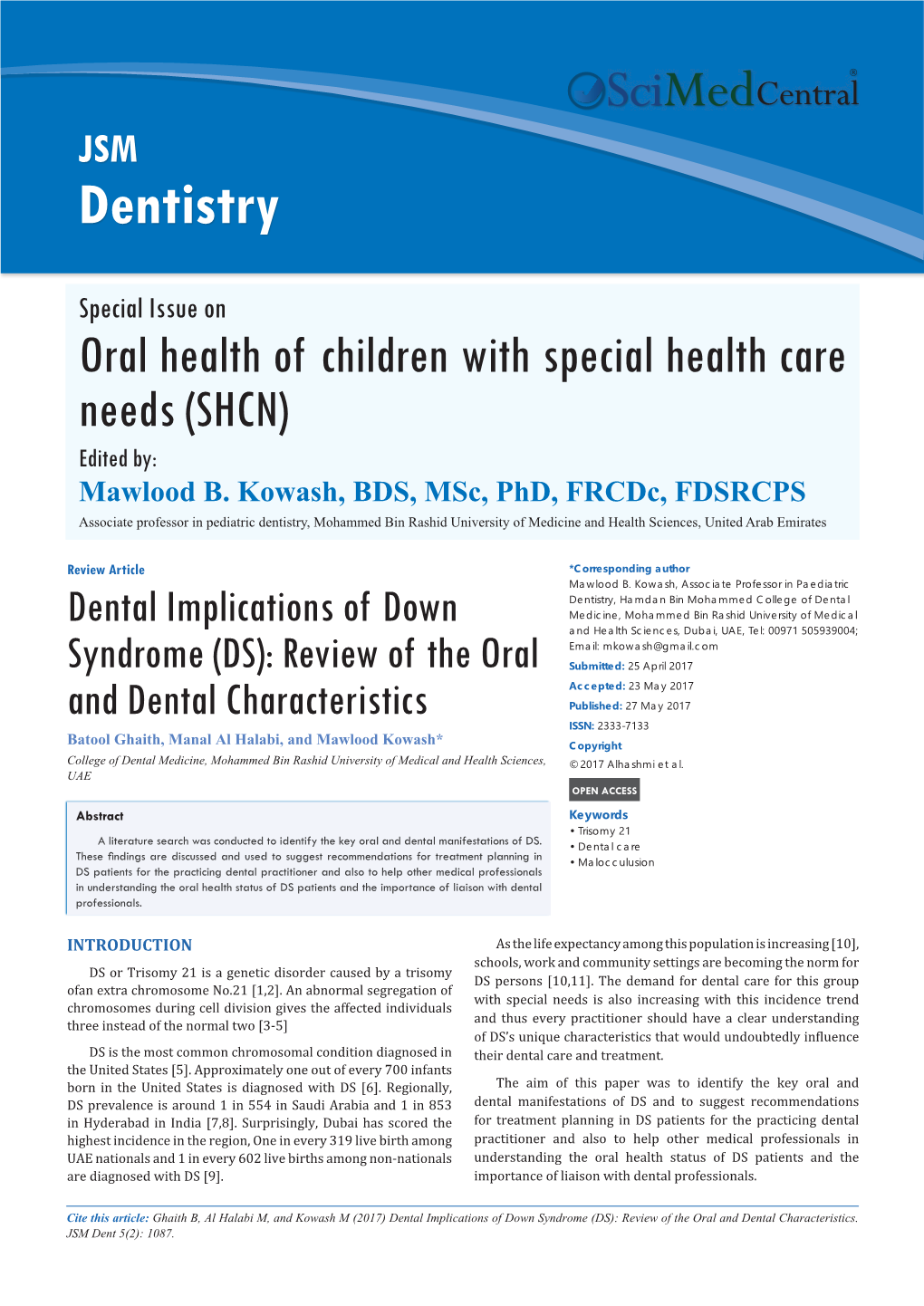 (DS): Review of the Oral and Dental Characteristics